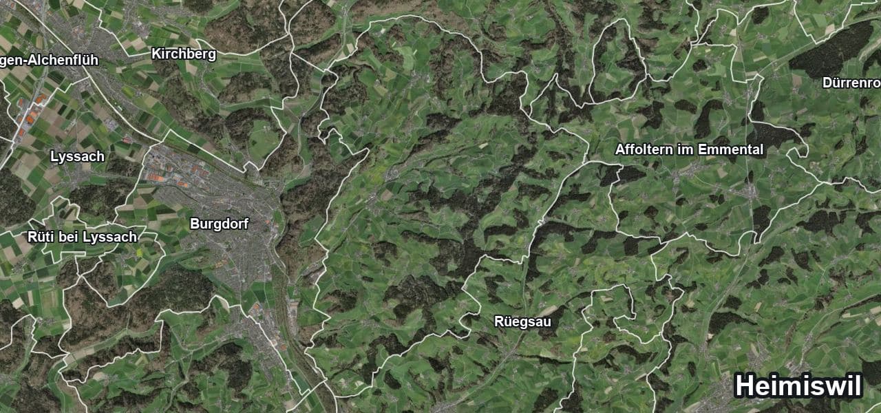 Luftbild von Heimiswil mit Gemeindegrenze, Nachbargemeinden und Solareignung der Dächer