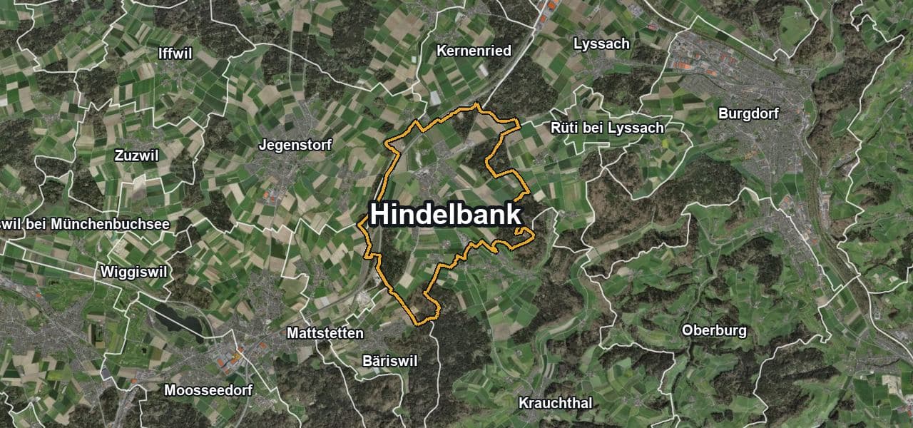 Luftbild von Hindelbank mit Gemeindegrenze, Nachbargemeinden und Solareignung der Dächer