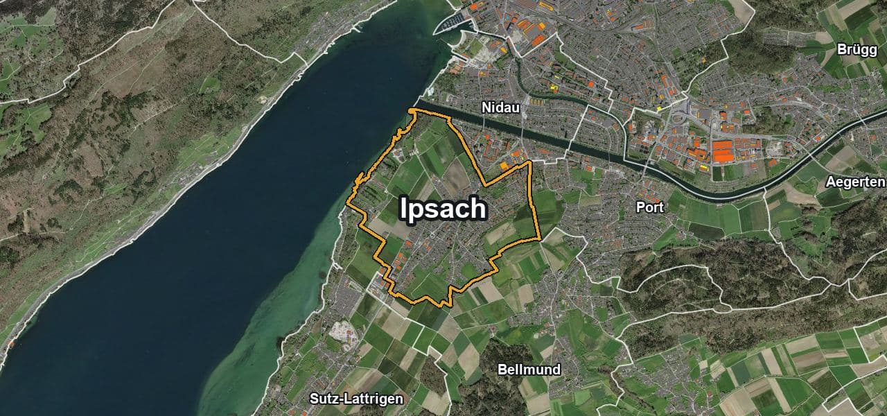 Luftbild von Ipsach mit Gemeindegrenze, Nachbargemeinden und Solareignung der Dächer