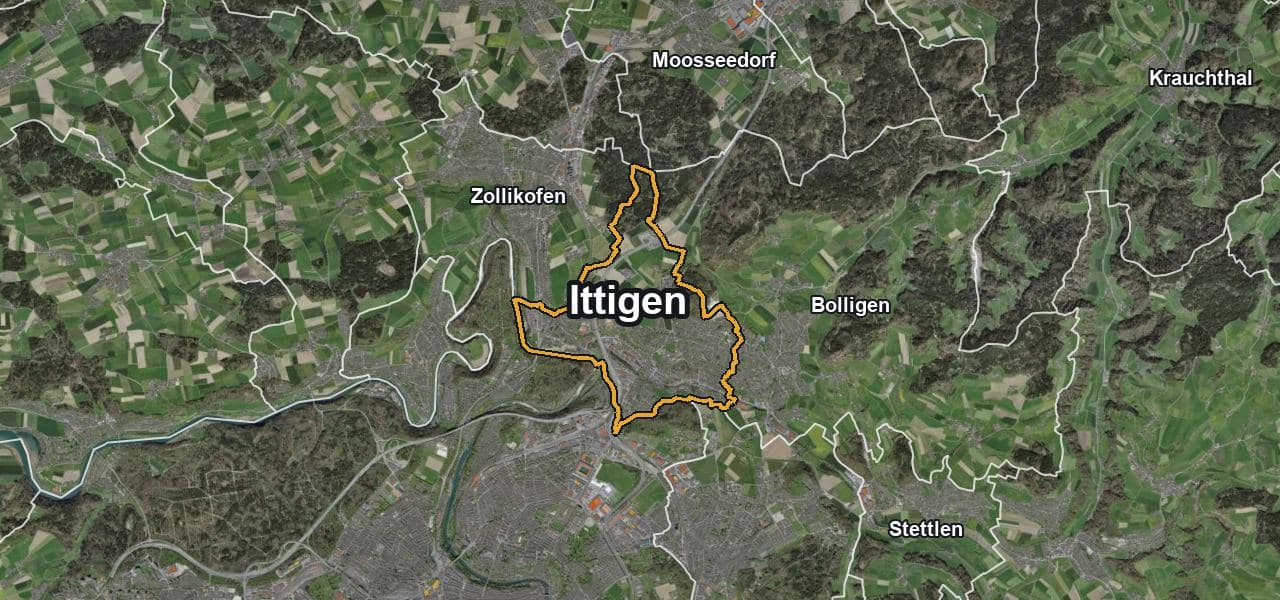 Luftbild von Ittigen mit Gemeindegrenze, Nachbargemeinden und Solareignung der Dächer