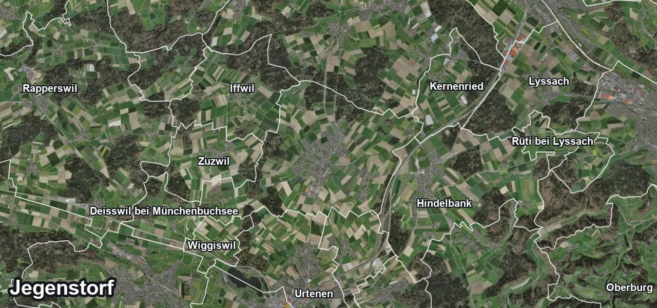 Luftbild von Jegenstorf mit Gemeindegrenze, Nachbargemeinden und Solareignung der Dächer
