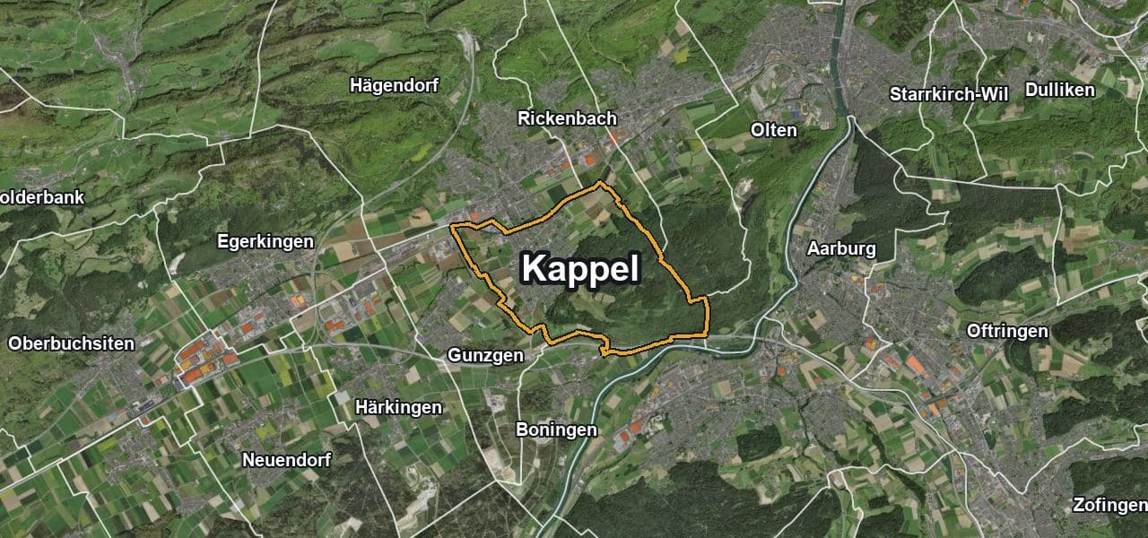 Luftbild von Kappel mit Gemeindegrenze, Nachbargemeinden und Solareignung der Dächer