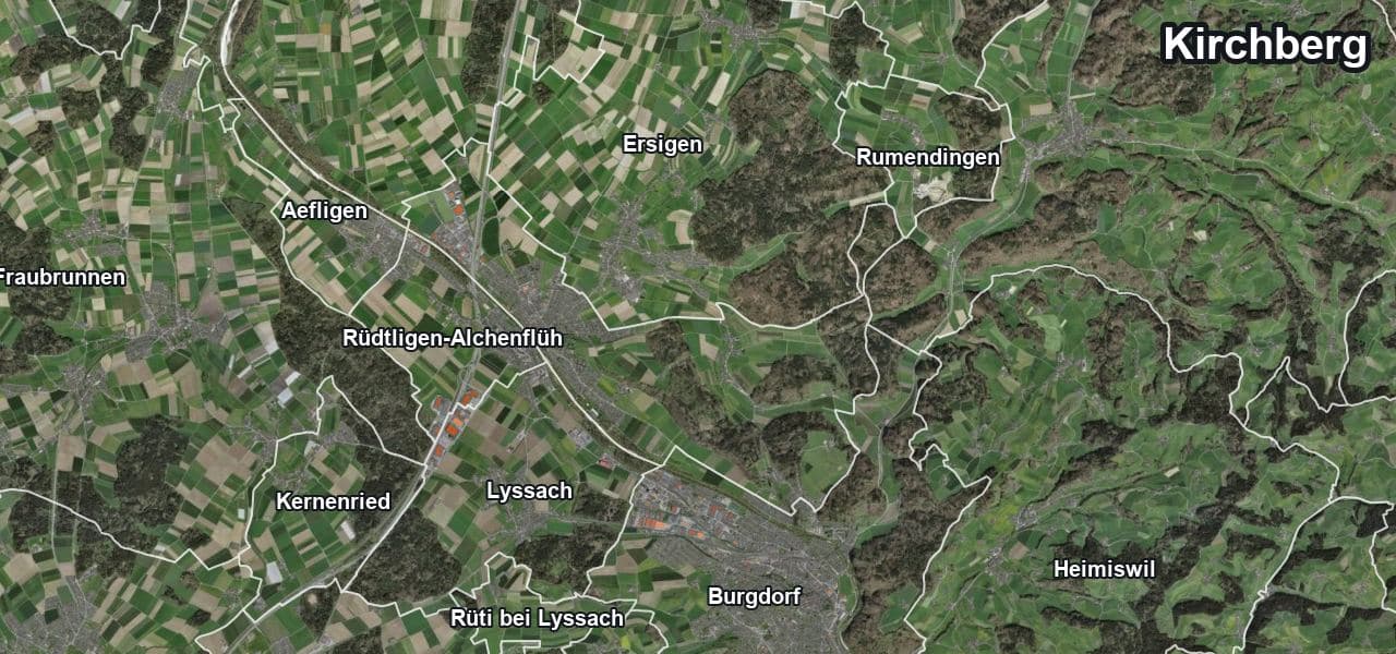 Luftbild von Kirchberg mit Gemeindegrenze, Nachbargemeinden und Solareignung der Dächer