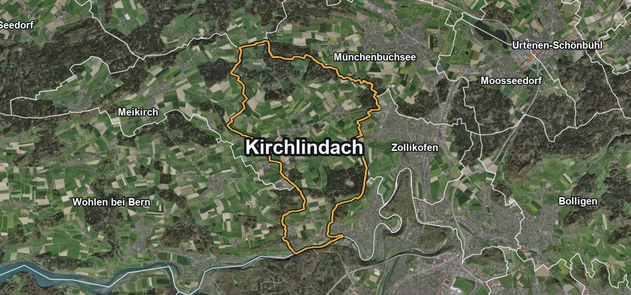 Luftbild von Kirchlindach mit Gemeindegrenze, Nachbargemeinden und Solareignung der Dächer