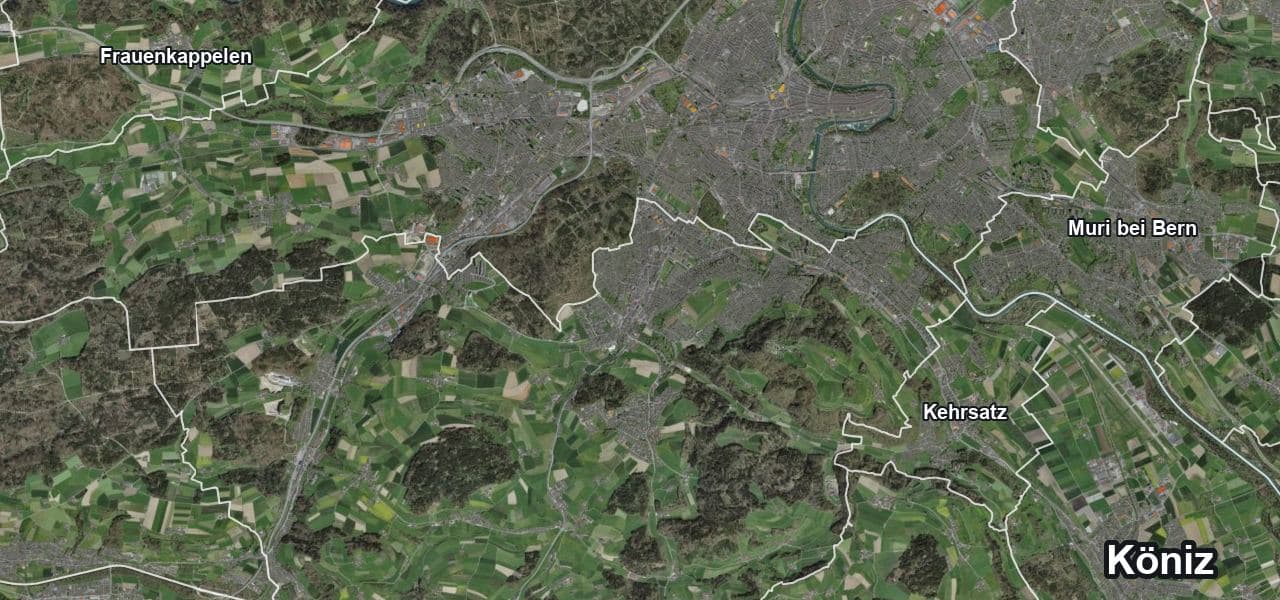 Luftbild von Köniz mit Gemeindegrenze, Nachbargemeinden und Solareignung der Dächer