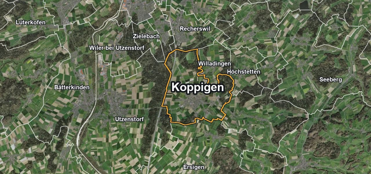 Luftbild von Koppigen mit Gemeindegrenze, Nachbargemeinden und Solareignung der Dächer