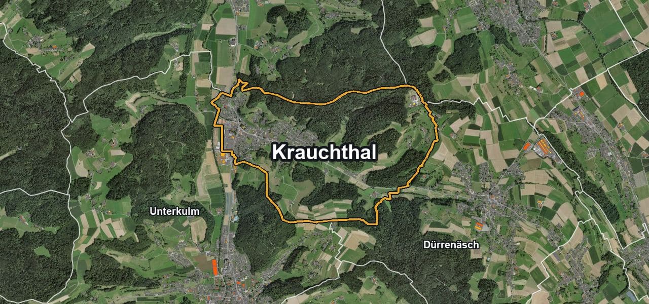 Luftbild von Krauchthal mit Gemeindegrenze, Nachbargemeinden und Solareignung der Dächer