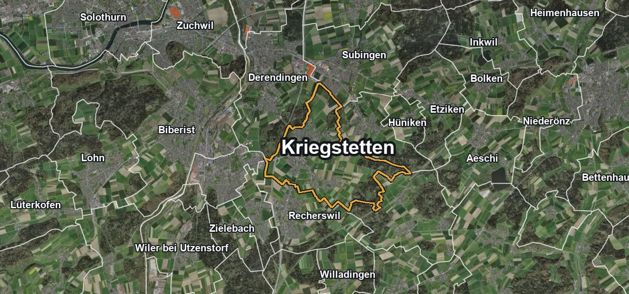 Luftbild von Kriegstetten mit Gemeindegrenze, Nachbargemeinden und Solareignung der Dächer