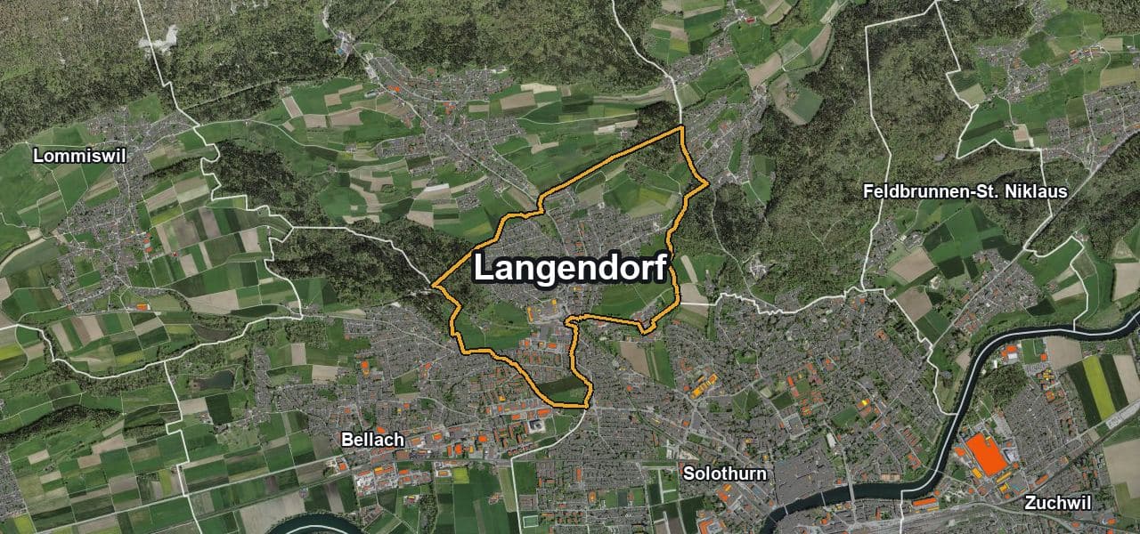 Luftbild von Langendorf mit Gemeindegrenze, Nachbargemeinden und Solareignung der Dächer