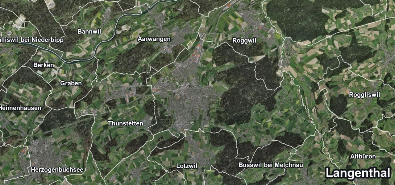 Luftbild von Langenthal mit Gemeindegrenze, Nachbargemeinden und Solareignung der Dächer