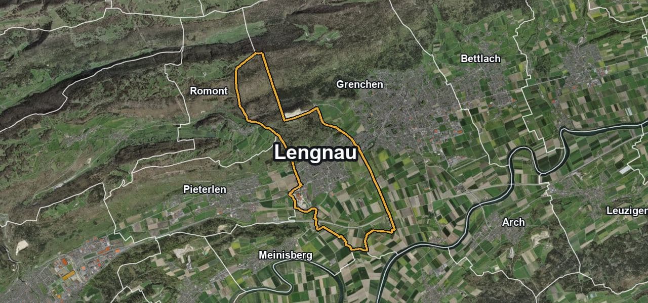 Luftbild von Lengnau mit Gemeindegrenze, Nachbargemeinden und Solareignung der Dächer