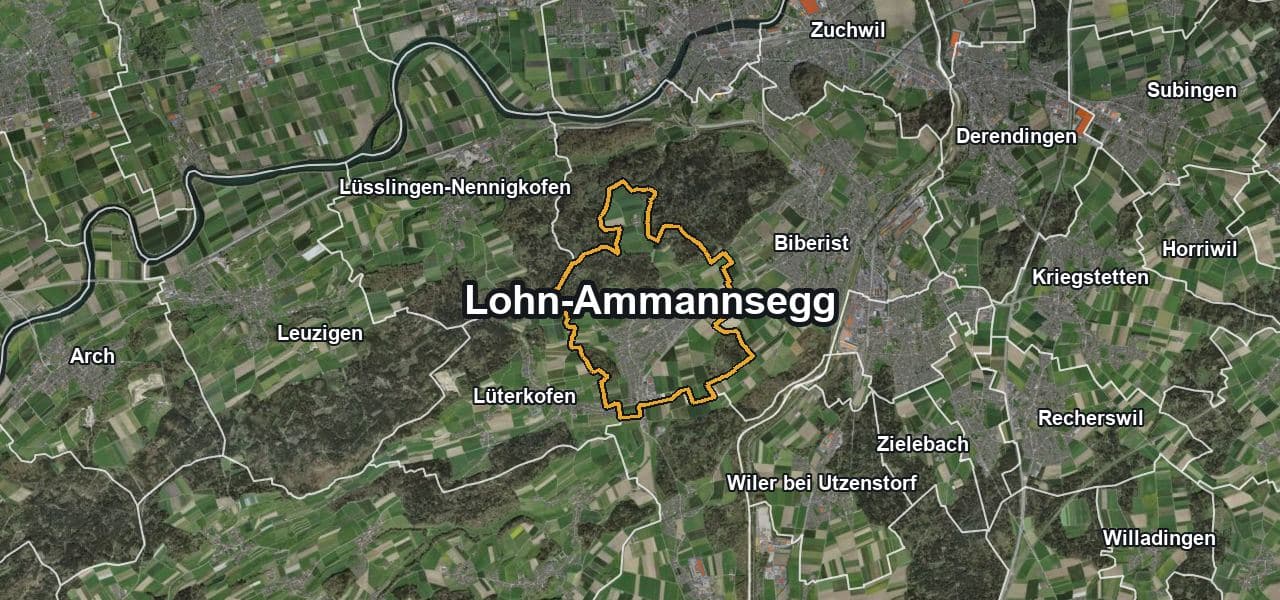 Luftbild von Lohn-Ammannsegg mit Gemeindegrenze, Nachbargemeinden und Solareignung der Dächer