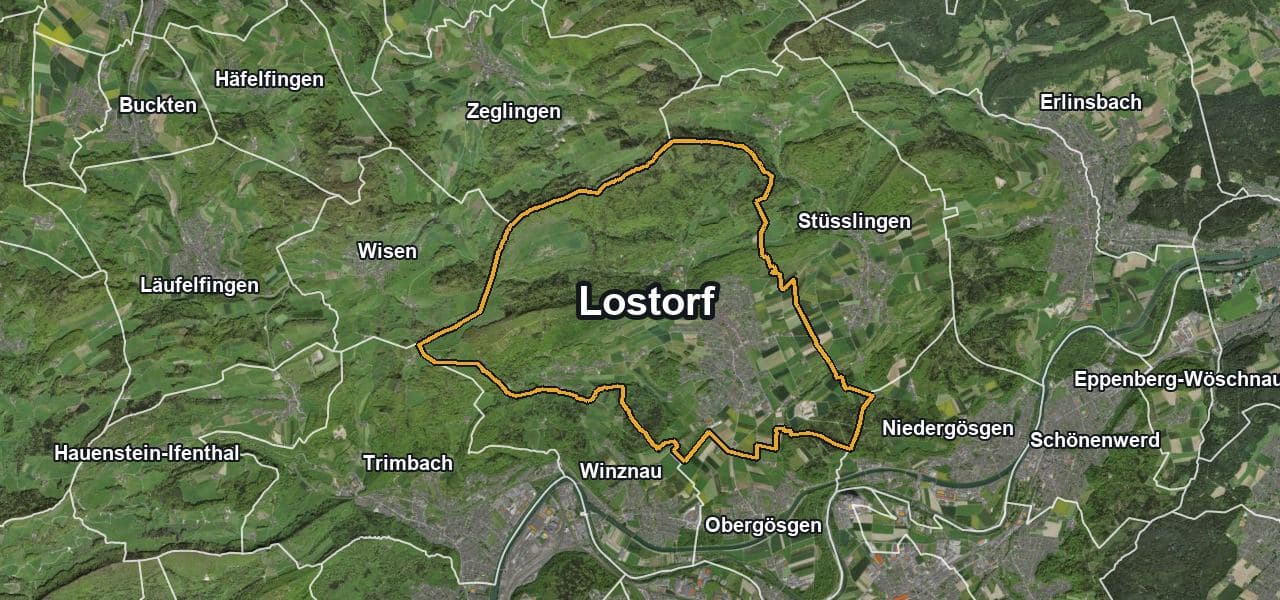Luftbild von Lostorf mit Gemeindegrenze, Nachbargemeinden und Solareignung der Dächer