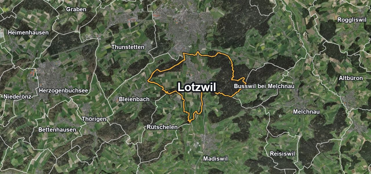 Luftbild von Lotzwil mit Gemeindegrenze, Nachbargemeinden und Solareignung der Dächer