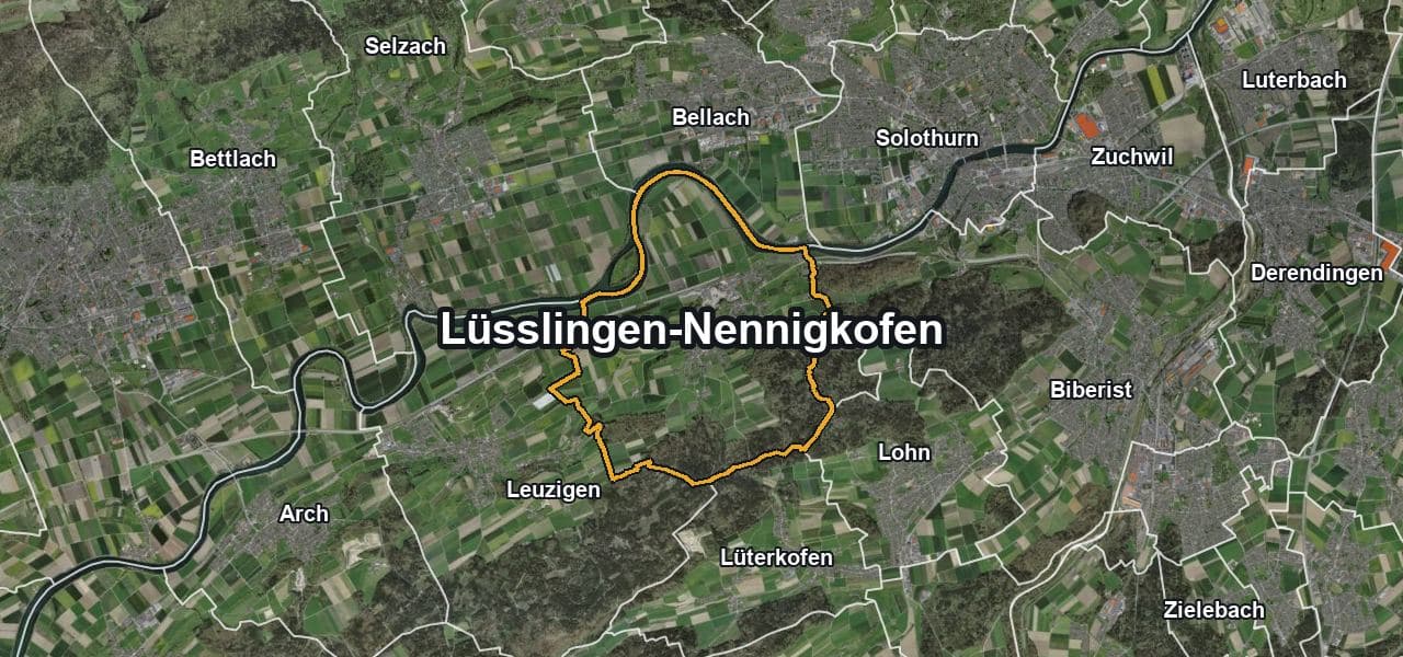 Luftbild von Lüsslingen-Nennigkofen mit Gemeindegrenze, Nachbargemeinden und Solareignung der Dächer
