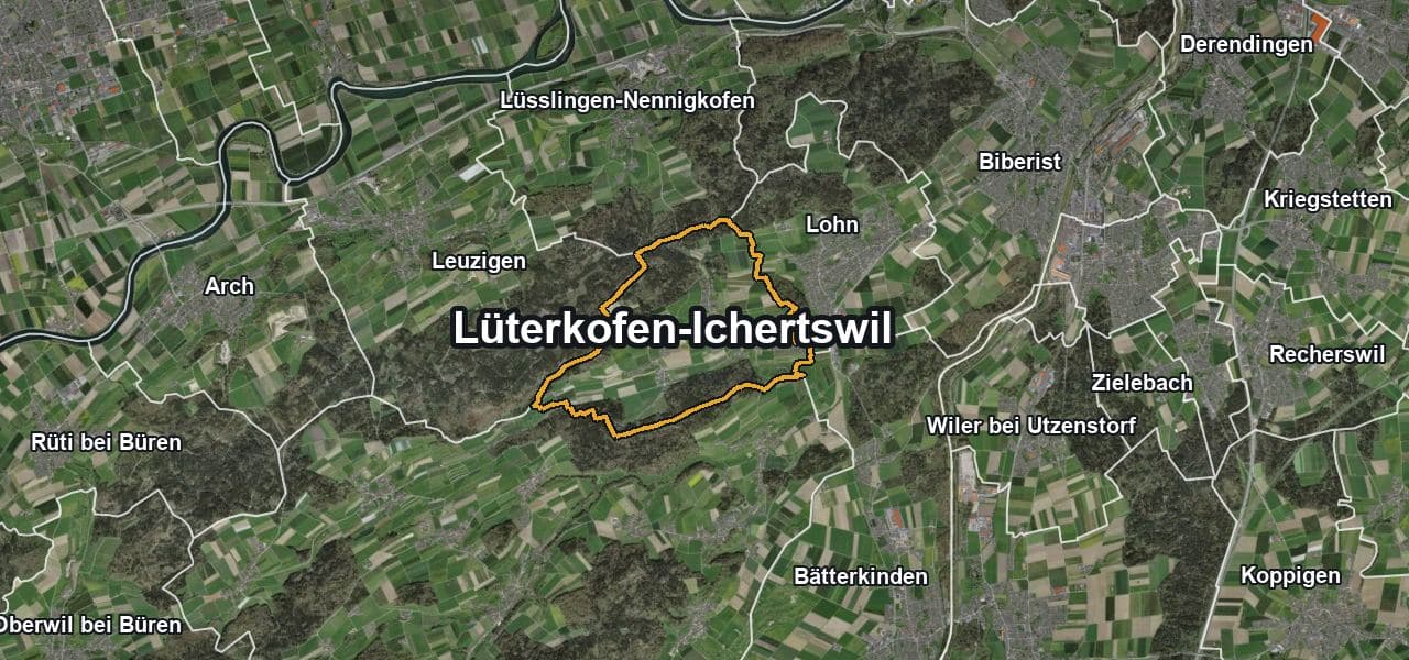 Luftbild von Lüterkofen-Ichertswil mit Gemeindegrenze, Nachbargemeinden und Solareignung der Dächer