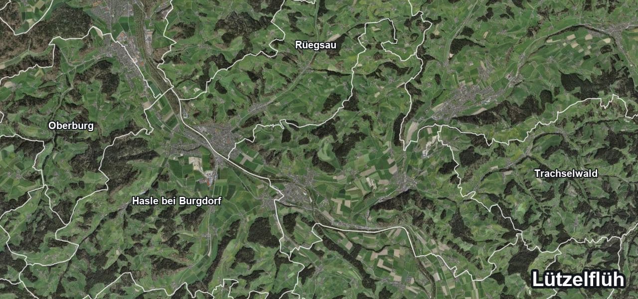 Luftbild von Lützelflüh mit Gemeindegrenze, Nachbargemeinden und Solareignung der Dächer