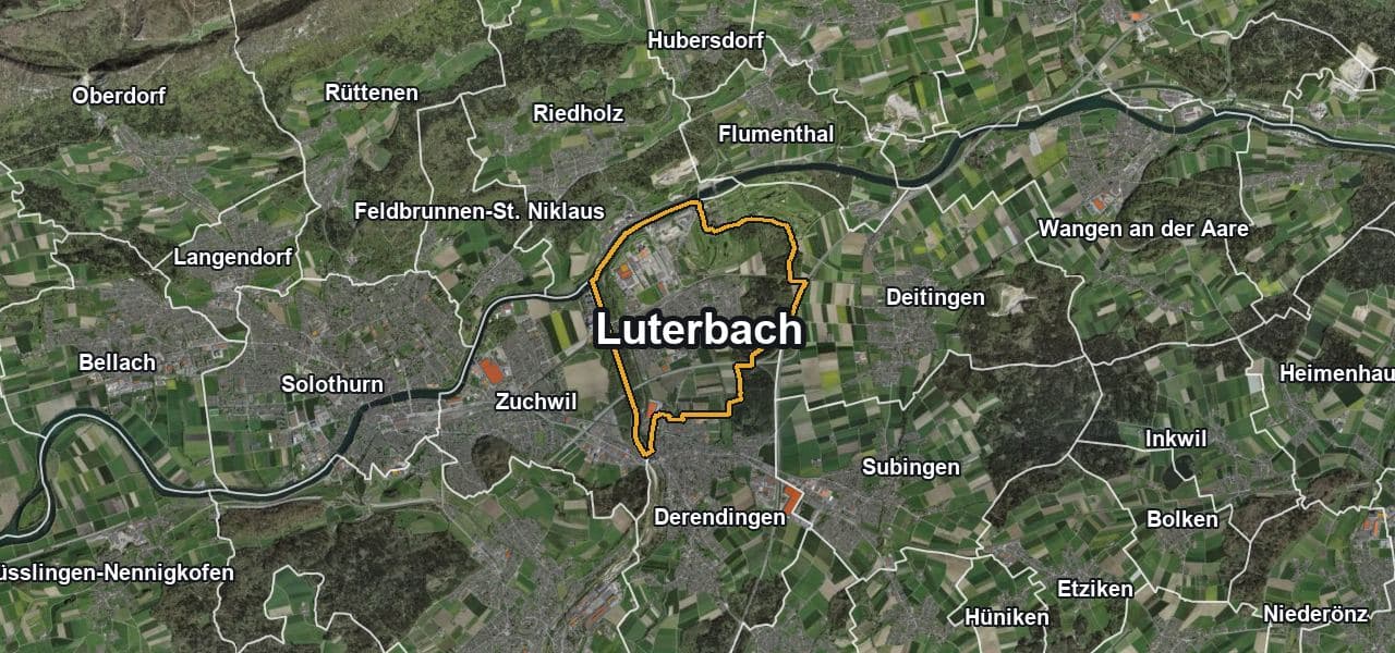 Luftbild von Luterbach mit Gemeindegrenze, Nachbargemeinden und Solareignung der Dächer