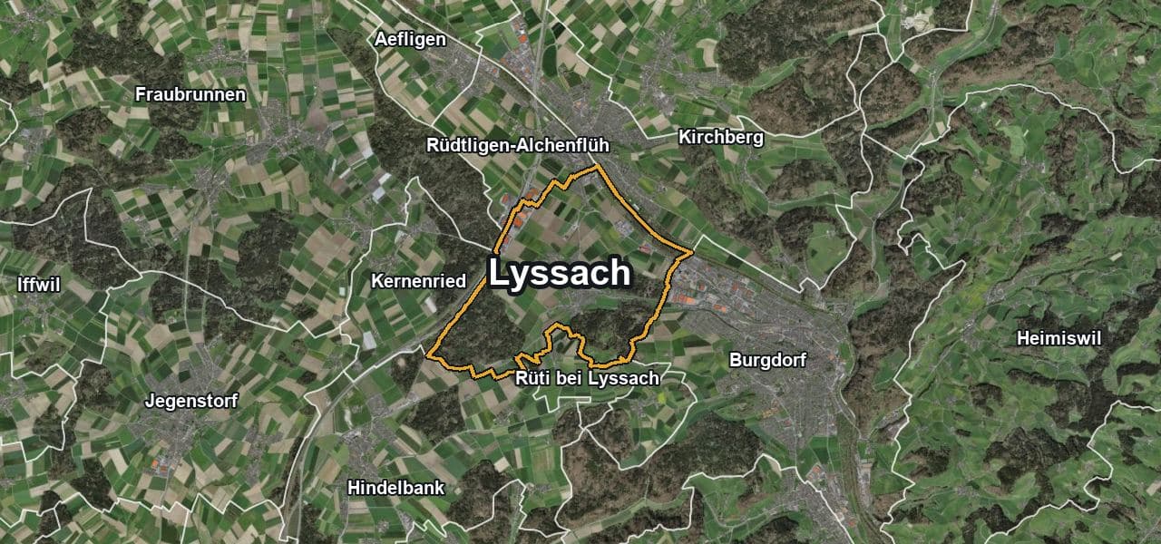 Luftbild von Lyssach mit Gemeindegrenze, Nachbargemeinden und Solareignung der Dächer