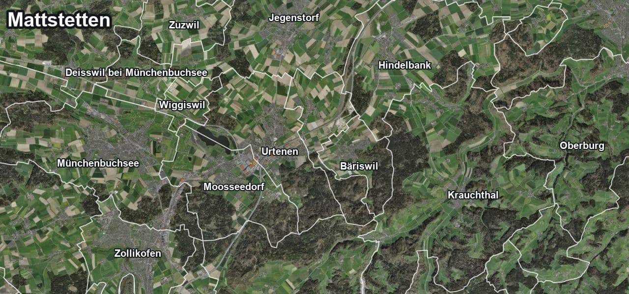 Luftbild von Mattstetten mit Gemeindegrenze, Nachbargemeinden und Solareignung der Dächer