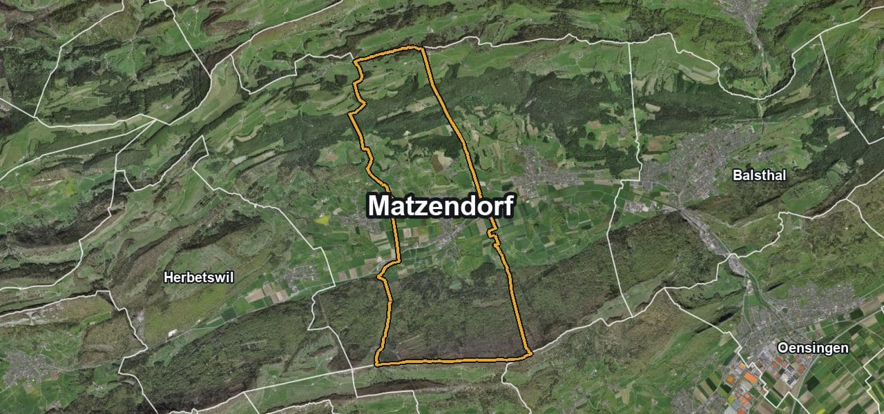 Luftbild von Matzendorf mit Gemeindegrenze, Nachbargemeinden und Solareignung der Dächer