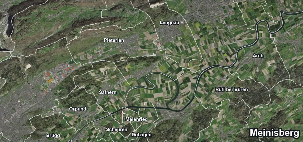 Luftbild von Meinisberg mit Gemeindegrenze, Nachbargemeinden und Solareignung der Dächer
