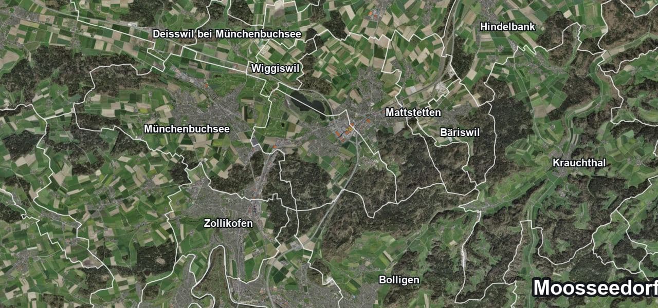 Luftbild von Moosseedorf mit Gemeindegrenze, Nachbargemeinden und Solareignung der Dächer