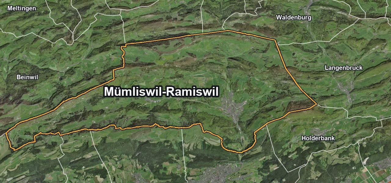 Luftbild von Mümliswil-Ramiswil mit Gemeindegrenze, Nachbargemeinden und Solareignung der Dächer