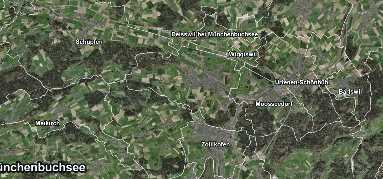 Luftbild von Münchenbuchsee mit Gemeindegrenze, Nachbargemeinden und Solareignung der Dächer