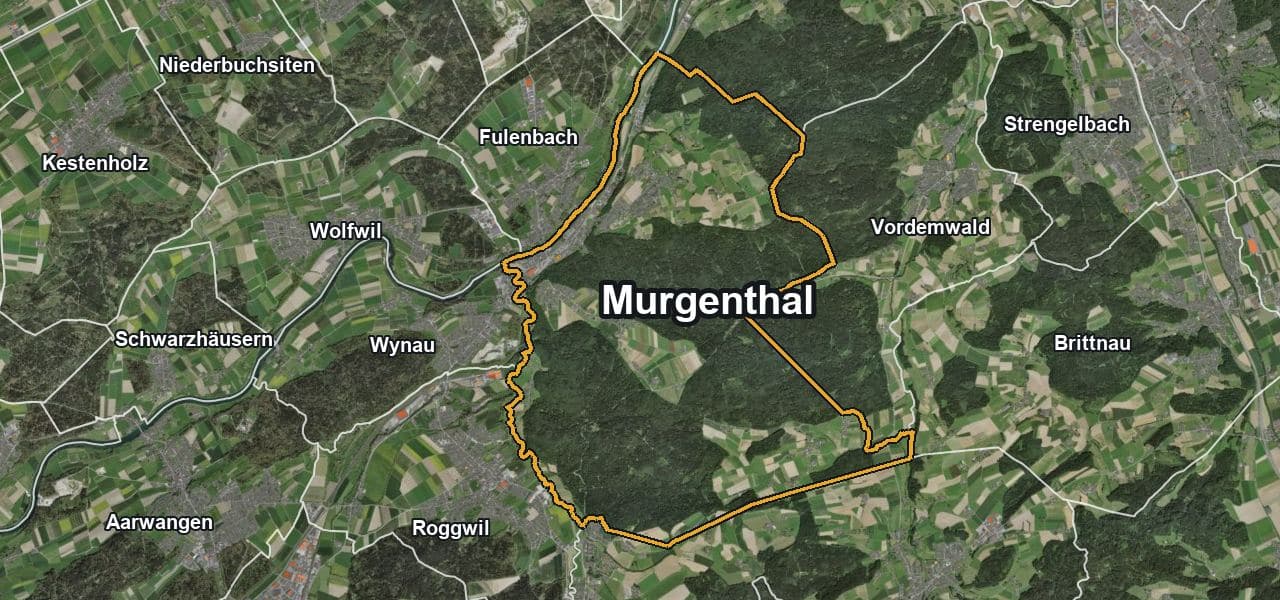 Luftbild von Murgenthal mit Gemeindegrenze, Nachbargemeinden und Solareignung der Dächer