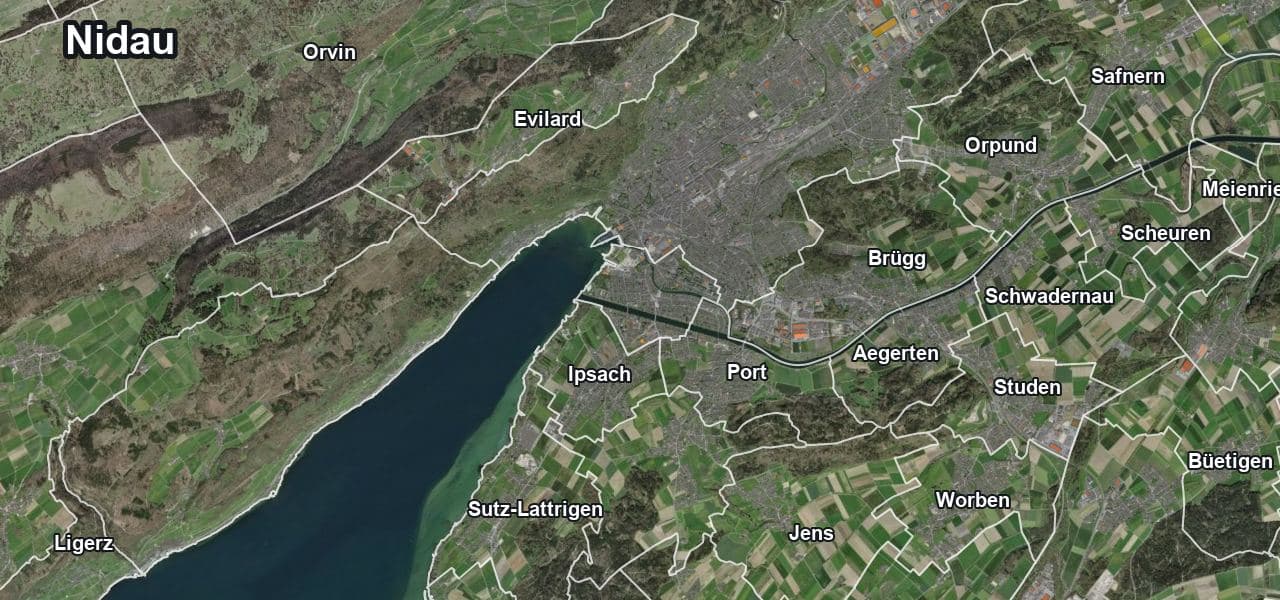Luftbild von Nidau mit Gemeindegrenze, Nachbargemeinden und Solareignung der Dächer