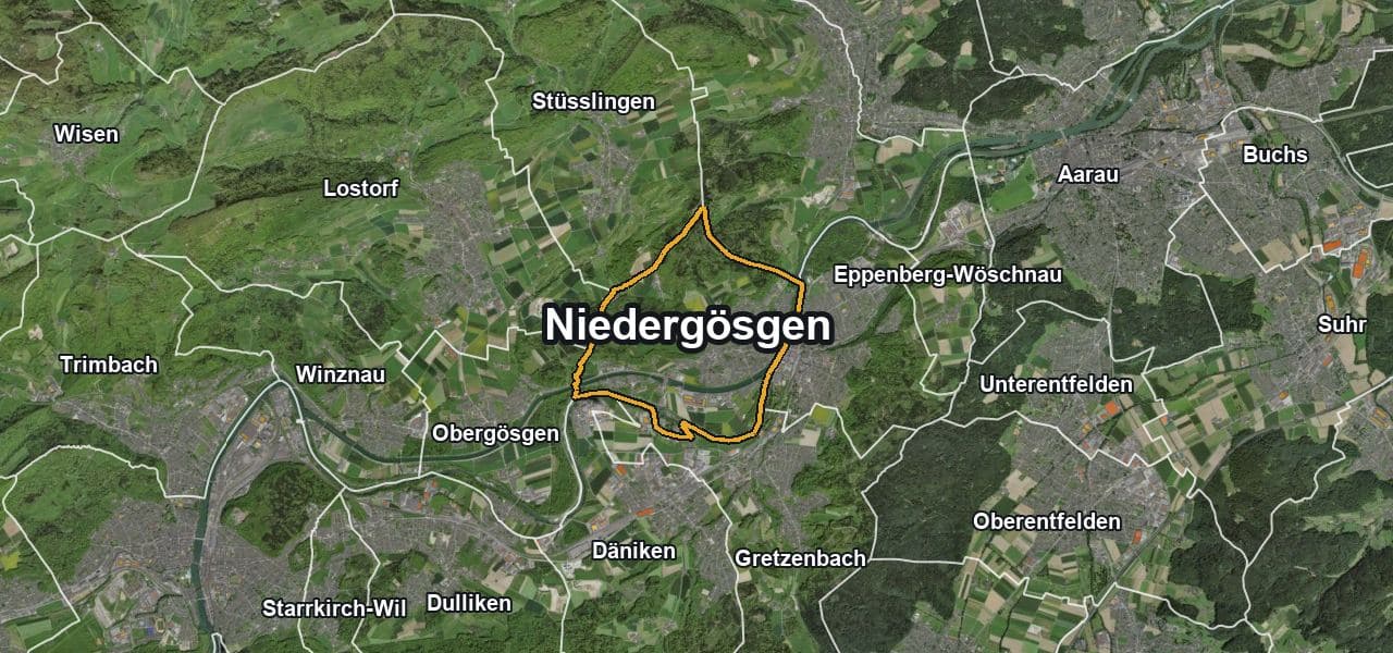 Luftbild von Niedergösgen mit Gemeindegrenze, Nachbargemeinden und Solareignung der Dächer