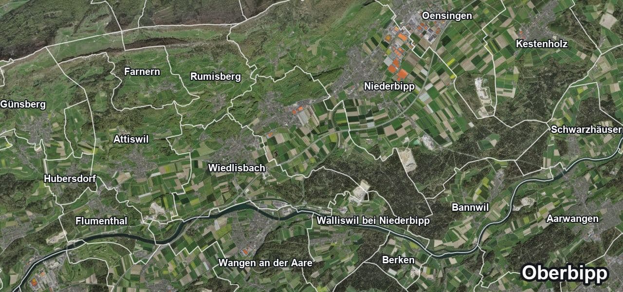 Luftbild von Oberbipp mit Gemeindegrenze, Nachbargemeinden und Solareignung der Dächer