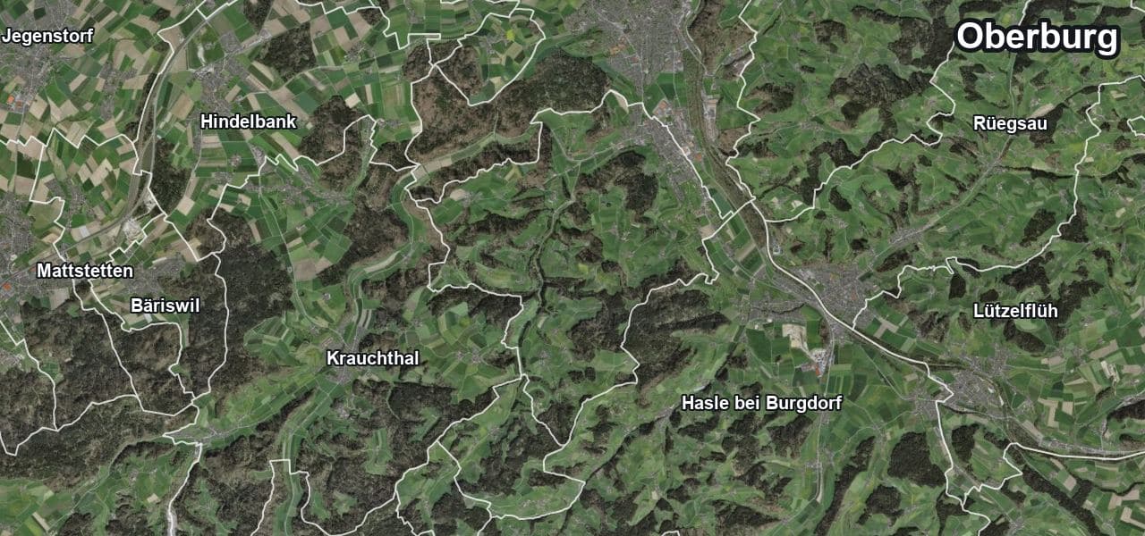 Luftbild von Oberburg mit Gemeindegrenze, Nachbargemeinden und Solareignung der Dächer