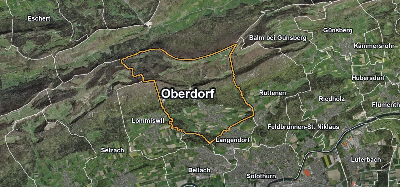 Luftbild von Oberdorf mit Gemeindegrenze, Nachbargemeinden und Solareignung der Dächer