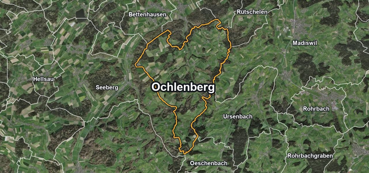 Luftbild von Ochlenberg mit Gemeindegrenze, Nachbargemeinden und Solareignung der Dächer