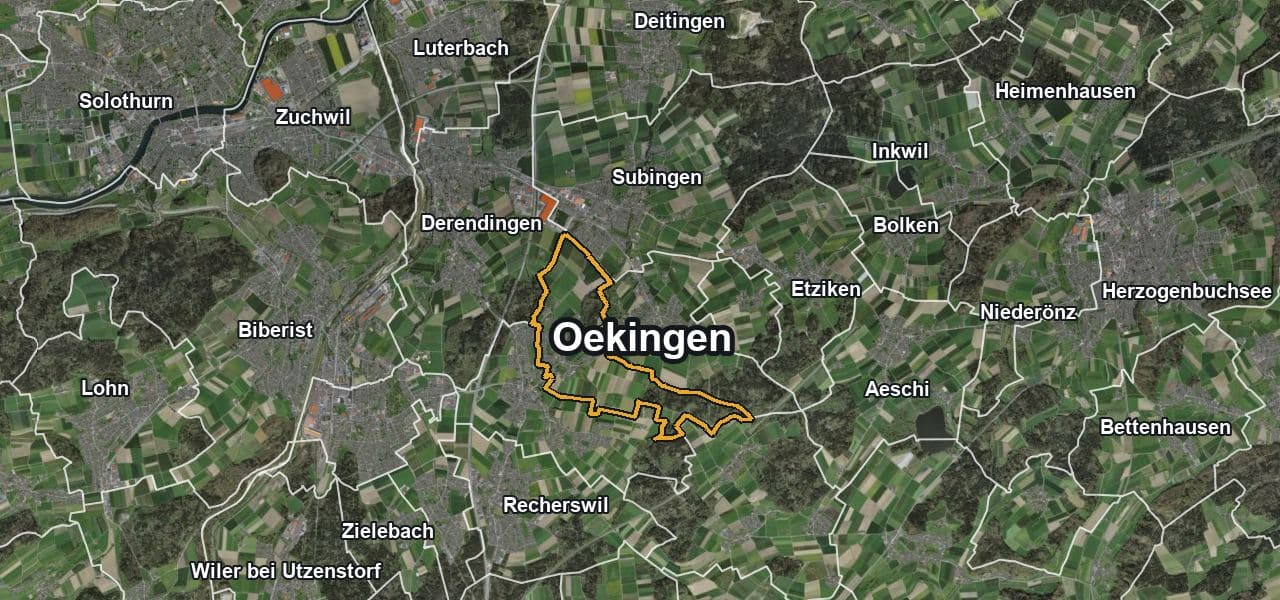 Luftbild von Oekingen mit Gemeindegrenze, Nachbargemeinden und Solareignung der Dächer