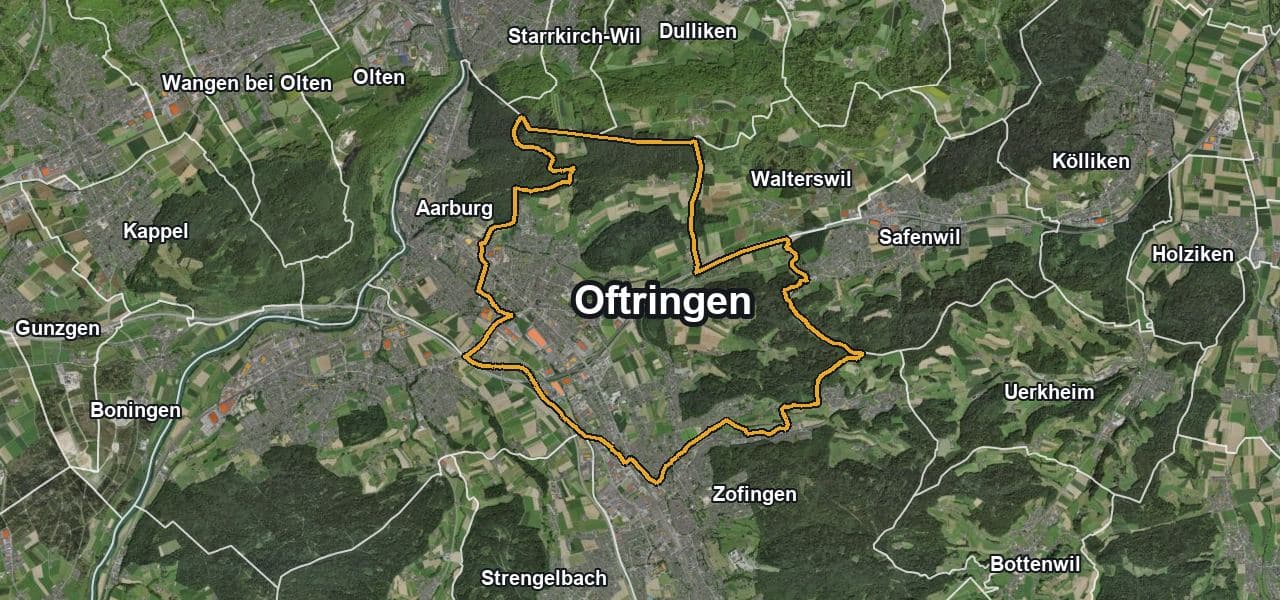 Luftbild von Oftringen mit Gemeindegrenze, Nachbargemeinden und Solareignung der Dächer