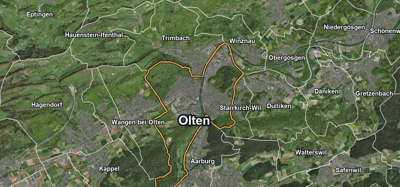 Luftbild von Olten mit Gemeindegrenze, Nachbargemeinden und Solareignung der Dächer