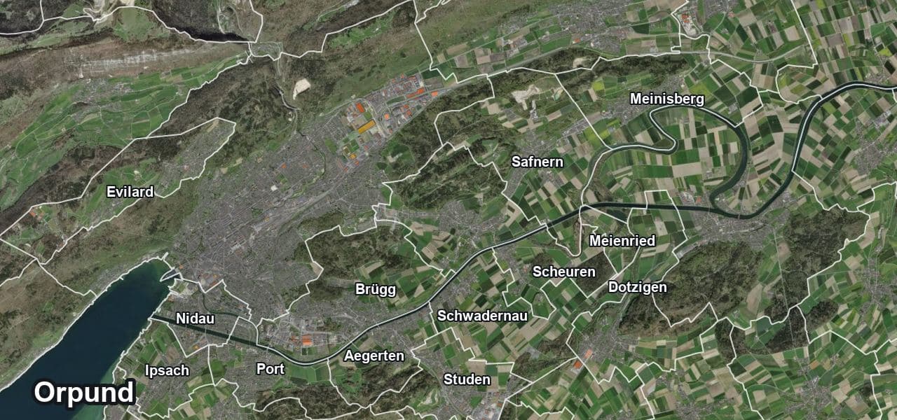 Luftbild von Orpund mit Gemeindegrenze, Nachbargemeinden und Solareignung der Dächer