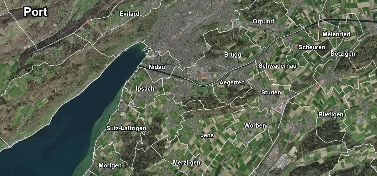 Luftbild von Port mit Gemeindegrenze, Nachbargemeinden und Solareignung der Dächer