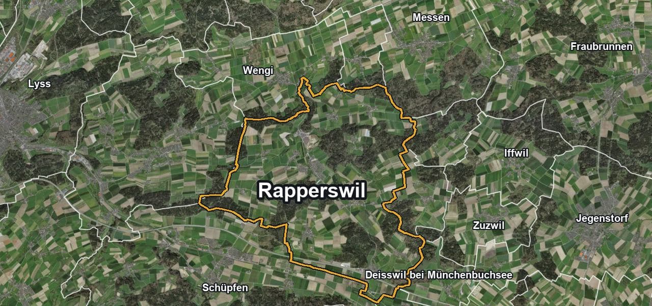 Luftbild von Rapperswil mit Gemeindegrenze, Nachbargemeinden und Solareignung der Dächer