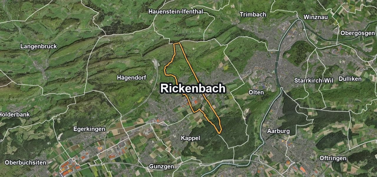 Luftbild von Rickenbach mit Gemeindegrenze, Nachbargemeinden und Solareignung der Dächer