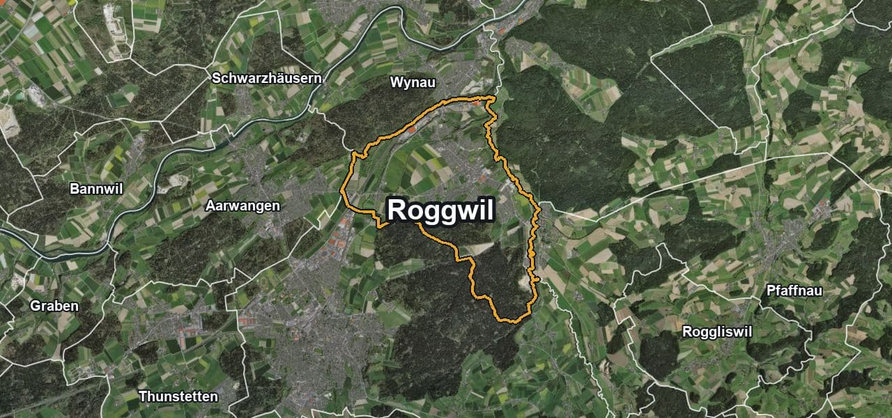 Luftbild von Roggwil mit Gemeindegrenze, Nachbargemeinden und Solareignung der Dächer