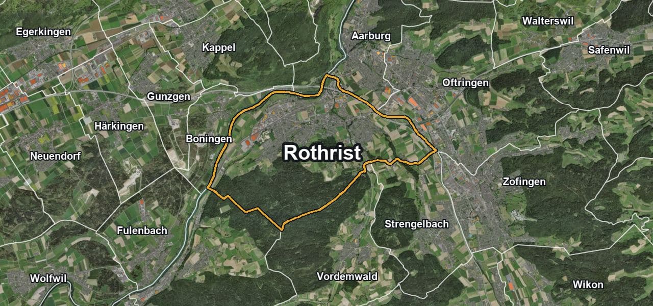 Luftbild von Rothrist mit Gemeindegrenze, Nachbargemeinden und Solareignung der Dächer