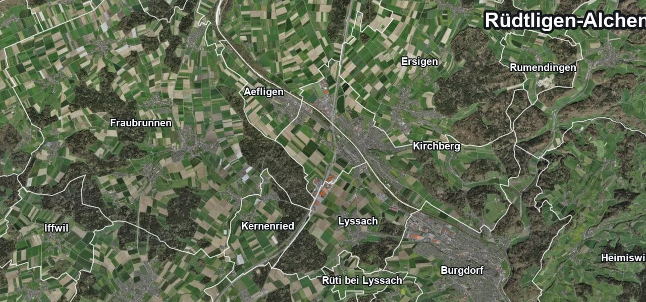 Luftbild von Rüdtligen-Alchenflüh mit Gemeindegrenze, Nachbargemeinden und Solareignung der Dächer