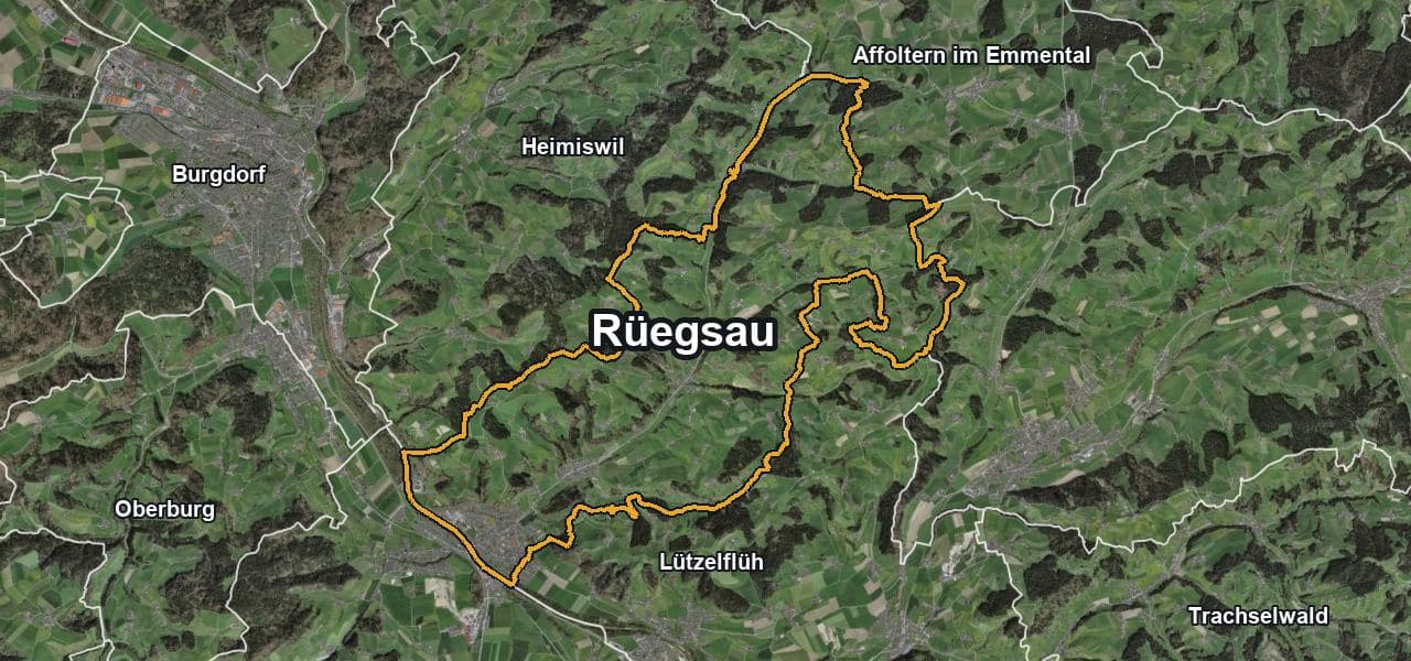 Luftbild von Rüegsau mit Gemeindegrenze, Nachbargemeinden und Solareignung der Dächer