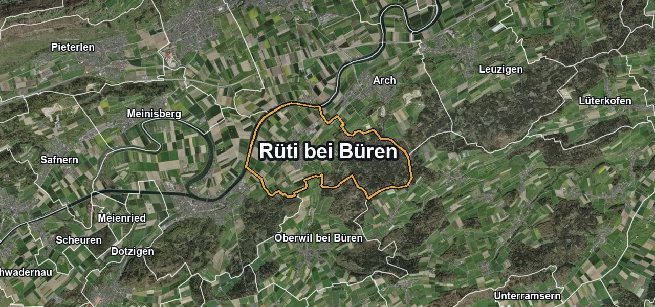 Luftbild von Rüti bei Büren mit Gemeindegrenze, Nachbargemeinden und Solareignung der Dächer