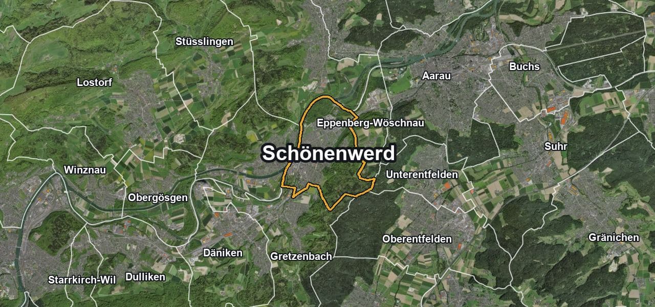 Luftbild von Schönenwerd mit Gemeindegrenze, Nachbargemeinden und Solareignung der Dächer