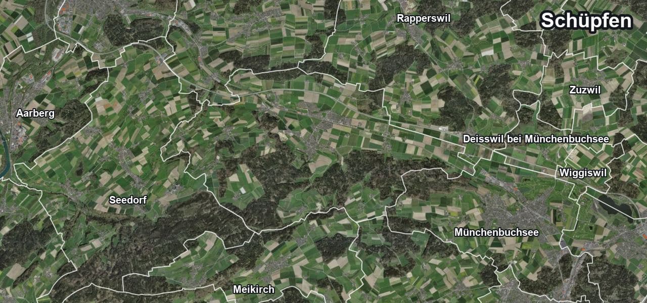 Luftbild von Schüpfen mit Gemeindegrenze, Nachbargemeinden und Solareignung der Dächer
